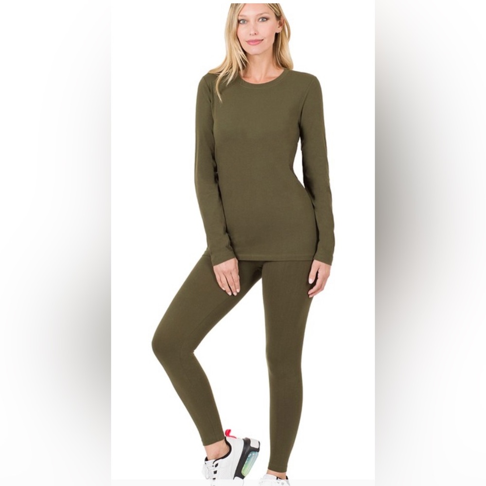 Dark olive cotton round neck top & leggings set